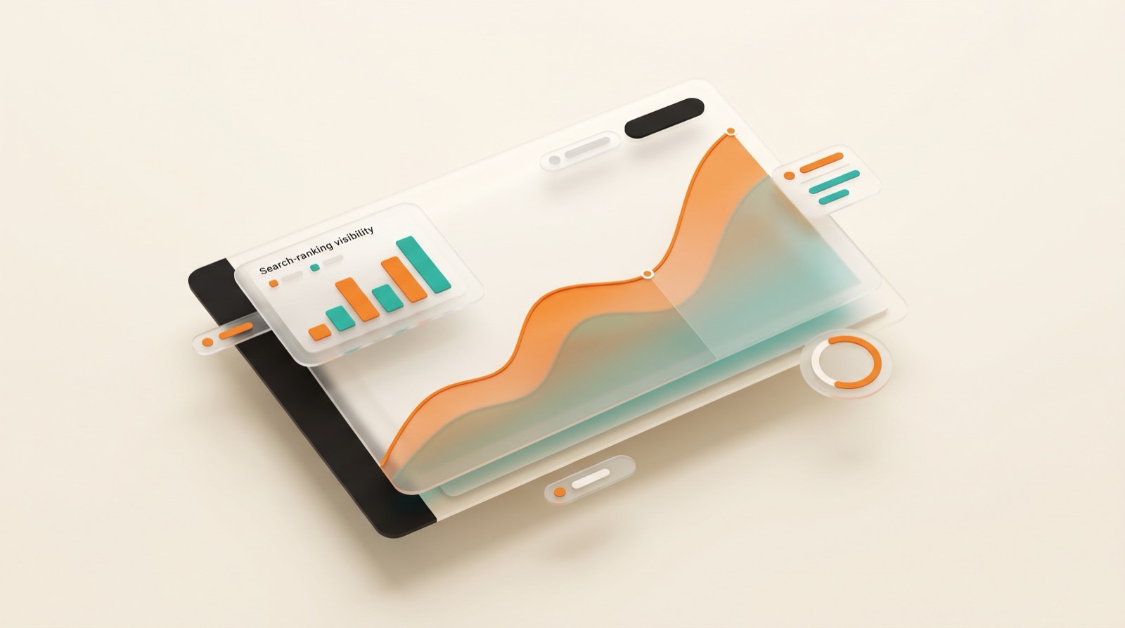 SEO-Dashboard mit steil steigender organischer Traffic-Kurve und Ranking-Sichtbarkeit in den Markenfarben Orange und Teal