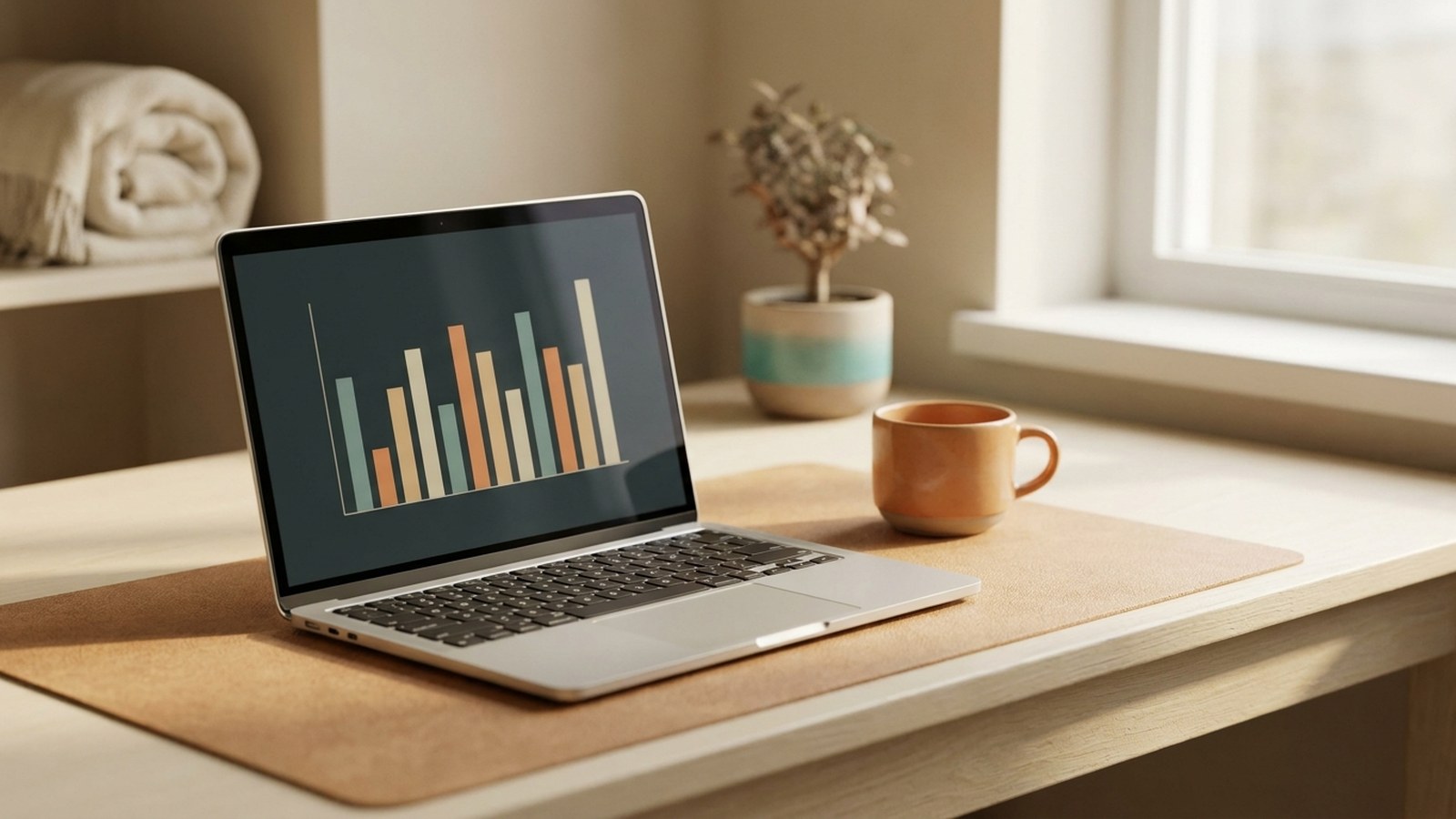 Ein Laptop mit einem Balkendiagramm auf einem cremefarbenen Schreibtisch, daneben ein orangefarbener Kaffeebecher im Morgenlicht